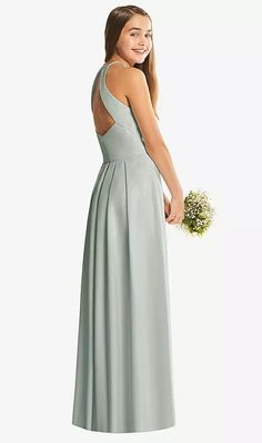 Shop this Full length shirred halter crepe junior bridesmaid dress with open back. A-line skirt with pleated back. Willow Green, Junior Bridesmaid Dress, Dress With Open Back, Bridesmaid Style, Junior Bridesmaid Dresses, Junior Bridesmaid, Junior Dresses, Custom Dresses, Wedding Themes