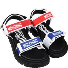 Color: Black Black sandals with rubber sole, velcro closure on the heel and top, red and blue detail. Upper in fabric, upper lining and inner sole in leather, outer sole in other materials. They are decorated with logo on the upper and heel. 100% Fabric. Leather Sandals With Logo Strap, Leather Sandals With Logo Strap And Round Toe, Logo Open Toe Sandals For Summer, Leather Open Toe Sandals With Logo, Sporty Non-slip Leather Sandals, Black Logo Sandals For Summer, Summer Slide Sandals With Logo, Casual Leather Sandals With Logo Strap, Multicolor Synthetic Sandals With Rubber Sole