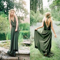 two pictures of a woman in a long green dress with her back to the camera