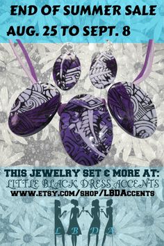 an advertisement for the end of summer sale, with purple and white designs on it