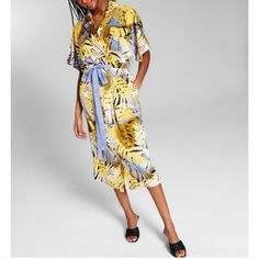 New With Tags Spring Tropical Print Midi Dress, Tropical Midi Dress With Tropical Print For Day Out, Spring V-neck Dress With Palm Tree Print, Tropical Midi Dress For Day Out, Casual Tropical Print Midi Dress For Summer, Yellow Tie Waist Beach Dress, Casual Palm Tree Print Dresses For Summer, Casual Summer Dresses With Palm Tree Print, Casual Summer Midi Dress With Lemon Print