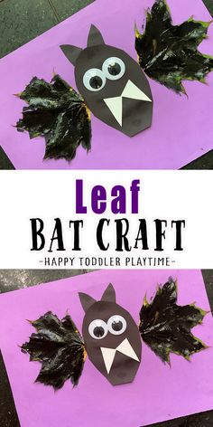 an easy bat craft for toddlers to make with leaf shapes and leaves on purple paper