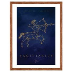 the zodiac sign sagittarius framed in black and gold on a blue background