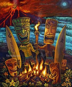 two tiki standing next to each other in front of a fire with torches and masks on it