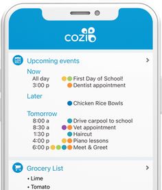 the cozio app is open and showing its menus, schedules, and food items