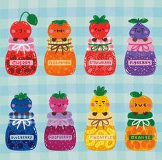 an image of fruit jams on a checkered tablecloth with the words strawberry, pineapple, orange, blueberry and strawberry