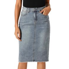 Show off your charm in this denim short skirt in summer. Complete the casual style for warm days in the park with your hat and blouse to be comfy. Falling to just below the knee, it's perfect for summer afternoons. With a feminine raw hem, it can be dressed up for the evening with a pretty top and accessories. Stylish and add more elegance to you. Non-stretch Light Wash Denim Skirt For Summer, Summer Non-stretch Light Wash Denim Skirt, Summer Light Wash Non-stretch Denim Skirt, Casual Washed Blue Denim Skirt For Summer, Casual Medium Wash Denim Skirt For Summer, Trendy Washed Blue Denim Skirt For Summer, Medium Wash Cotton Denim Skirt Knee-length, Medium Wash Cotton Knee-length Denim Skirt, Casual Knee-length Denim Skirt For Summer