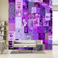 a living room with purple wallpaper and furniture