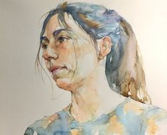 a watercolor painting of a woman's face in profile with her hair pulled back