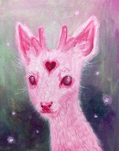 a painting of a pink rabbit with hearts on it's ears and eyes, sitting in front of a green background