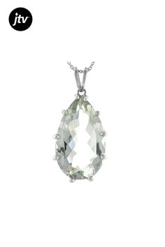 18.50ct Pear Shape Green Prasiolite Solitaire, Rhodium Over Sterling Silver Teardrop Pendant With 18" Cable Chain. Pendant Measures approximately 1.33"L X .68"W. 3.5mm bail. Lobster Claw Clasp. Silver Briolette Gemstone Drop Necklace, Gemstone Drop Necklace For Anniversary, Formal Teardrop Pendant Jewelry With Faceted Details, Formal Faceted Teardrop Pendant Jewelry, Classic Faceted Drop Jewelry, Classic Drop Jewelry With Faceted Details, Faceted Drop Necklaces For Anniversary, Silver Drop Jewelry With Large Stone, Pendant With Chain