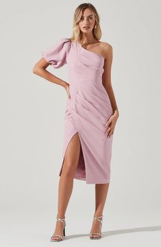 Wrap Midi Skirt, One Shoulder Midi Dress, Pink Bridesmaid Dresses, Pink Midi Dress, Perfect Wedding Dress, Dress Zipper, Midi Dress With Sleeves, Shoulder Design, White Midi Dress