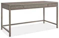 a gray desk with two drawers on the top and one drawer at the bottom, against a white background