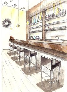 a drawing of a bar with stools and shelves