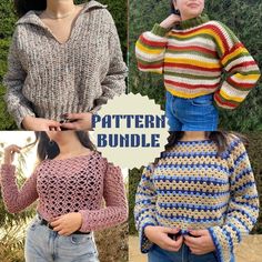 three different knitted sweaters with the words pattern bundle on top and below them