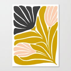 an art print with black, pink and yellow leaves