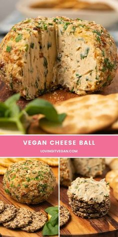 vegan cheese ball on a cutting board with crackers