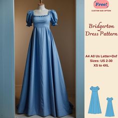 Bridgerton Gown Sewing Pattern, Bridgerton Style Dress, Renaissance dress pattern, Regency, Maxi Dress, Elvish dress, Ball Gown, XS-4XL available as an instant download (pdf) sewing pattern bundle with a range of size options: US Sizes: 2, 4, 6, 8, 10, 12, 14, 16, 18, 20, 22, 24, 26, 28, 30 Standard Sizes: XS, S, M, L, XL, 2XL, 3XL, 4XL These patterns are suitable for A4, A0, and US Letter size papers. As soon as your payment is processed, you will automatically receive download links for the pa Bridgerton Style, Dress Ball Gown, Gown Pattern, Pdf Sewing Patterns