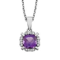 Amethyst reflects the drama and excitement of purple. This classic necklace design features a faceted cushion-cut genuine amethyst and genuine white diamond accents prong set in 14k white gold. The pendant has cutout hearts on the side, is approximately 9mm (3/8 inch) in width and the primary stone is 6 x 6mm in size. It dangles gracefully from 1.2mm cable chain finished with a spring ring clasp and is 18 inches in length. The 16 natural diamonds are single cut, 0.8mm in size, I3 in clarity, H-I Bow Jewelry, Classic Necklace, Necklace Design, Disc Pendant, The Drama, Small Pendant, Shell Pendant, Jewelry Companies, Black Bow