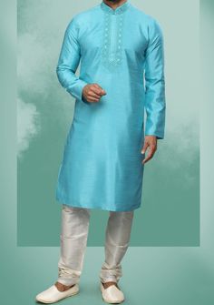 Men's Traditional Party Wear Kurta Pajama - db20613 Festive Straight Kurta With Dori Work, Festive Long Sleeve Churidar With Dori Work, Eid Kurta With Resham Embroidery For Traditional Ceremonies, Designer Kurta With Dori Work For Eid, Art Silk Straight Kurta With Dori Work, Blue Sherwani With Dori Work For Festivals, Long Sleeve Chanderi Churidar With Dori Work, Festive Art Silk Kurta With Chikankari Embroidery, Chanderi Sherwani With Dabka Work For Puja