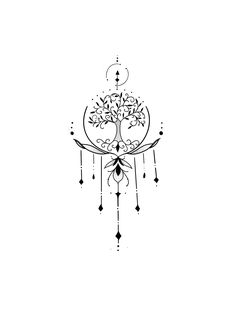 a drawing of a tree with hanging drops on it's branches and an arrow in the center