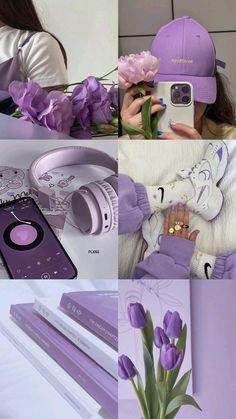 a collage of photos with purple flowers and items in them, including a cell phone