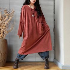 Vintage Brick Red V-Neck A-Line Dress for Women in Spring V-neck Winter Dress With Pockets, V-neck Winter Dresses With Pockets, Winter V-neck Dress With Pockets, Casual Long Sleeve V-neck Dress In Solid Color, Casual Solid Long Sleeve V-neck Dress, Red Long Sleeve V-neck Dress For Fall, Casual Red V-neck Dress For Spring, Red V Neck Dress, V Neck Dresses