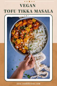 vegan tofu tikka masala with rice in a bowl