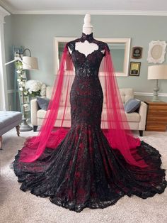 Sexy Gothic Crimson Mermaid Wedding Dresses Sweep Train Applique Bridal Gowns | eBay Dark Burgundy Wedding Dress, Red And Black Mermaid Wedding Dress, Black White And Red Wedding Dress, Black Wedding Dress With Cape, Black Red And Purple Wedding, Black Red Wedding Dress, Black And Dark Red Wedding, Dark Purple Wedding Dress, Black And Red Wedding Dress