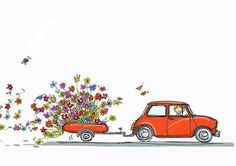 an orange car is pulling a red cart with flowers on it and butterflies flying around