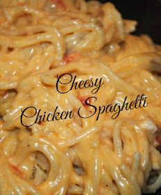 cheesey chicken spaghetti in a white bowl with the words, cheesy chicken spaghetti