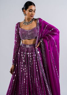 Real hand cut mirror heavily embellished lehenga paired with mirror work full sleeve blouse. Wine Lehenga, Full Sleeves Blouse Designs, Vani Vats, Mirror Work Blouse Design, Lehenga Dupatta, Mirror Work Blouse, Full Sleeve Blouse, Georgette Dupatta, Wedding Blouse Designs