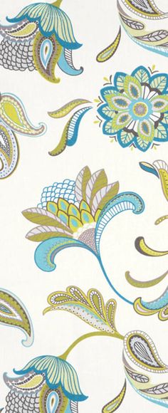 a white background with blue, green and yellow paisley designs on the bottom half of it