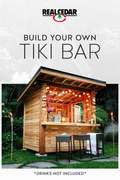 a small wooden tiki bar with lights on it and the text build your own tiki bar drinks not included