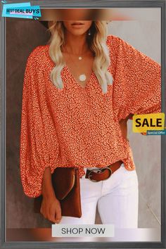 V-neck Shirt Print Balloon Sleeve Top Orange Printed V-neck Top, Spring Printed V-neck Tops, Spring V-neck Printed Tops, Trendy Long Sleeve V-neck Top For Summer, Casual Long Sleeve V-neck Top For Summer, Printed V-neck Top For Brunch, V-neck Printed Tops For Brunch, Fall Vacation Tops With V-neck, Trendy V-neck Vacation Tops