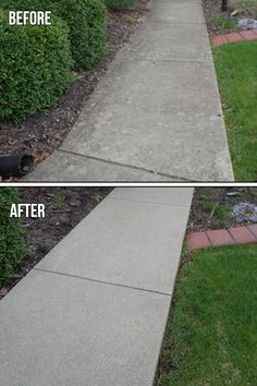 before and after photos of a sidewalk cleaning service in the suburbs, with grass growing on both sides