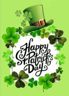 happy st patrick's day greeting card with shamrocks and hat on green background