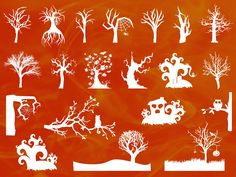 the silhouettes of different trees and bushes are shown on an orange background with white swirls