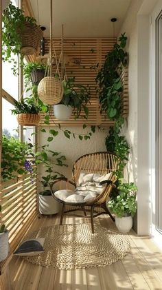 an indoor balcony with plants and wicker hanging from the ceiling, potted planters on either side