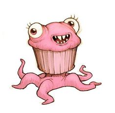 a pink cupcake with googly eyes sitting on top of it's stomach