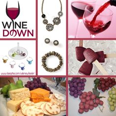 there are many different pictures with wine and food in them, including grapes, cheese, bread, necklaces, and other items