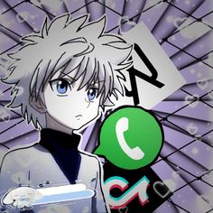 an anime character holding up a green phone