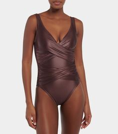 Basics ruched swimsuit in brown - Karla Colletto | Mytheresa Fitted V-neck Swimwear With Twist Front, Fitted V-neck Polyamide Swimwear, Elegant V-neck Swimwear For Pool, Ruched Polyamide Swimwear For Beach, Elegant V-neck Tankini With Lined Body, Fitted Ruched Swimwear With Underwire, Fitted Ruched Underwire Swimwear, Ruched Polyamide Swimwear For Poolside, Ruched Swimwear For Poolside