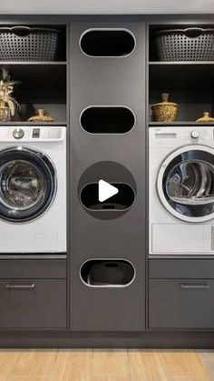 a washer and dryer sitting in front of a shelf filled with laundry items