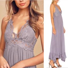 Our Favorite Slip Dress, Now In A Maxi Silhouette Featuring Our Best-Selling Adella Bralette At The Top With Boho Crochet Lace Details And A Light And Airy Skirt With A Tiered Hem. Smocked Stretchy Back Fully Lined Semi-Sheer Color: Slate Size: Xs ( 0-2 ) Fp One Old World Embellishment With A Modern Twist. Fp One Is An Exclusive, Handcrafted, In-House Label Specializing In Small Batch, Hand Dyed, And Hand Embellished Styles. Care/Import Hand Wash Cold Import Measurement (Laid Flat); 54” Length 1 Sleeveless Purple Maxi Dress For Date Night, Purple V-neck Dress With Lace Trim, Lavender Sleeveless Flowy Maxi Dress, Fitted Lavender Maxi Dress For Beach, Elegant Lavender Beach Dress, Mauve V-neck Maxi Dress For Summer, Summer Mauve V-neck Maxi Dress, Purple Lace Beach Dress, Purple Lace Dress For Beach