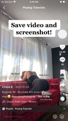 a woman laying on top of a red couch in front of a window with text reading save video and screenshot