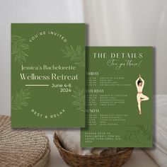 a green and white wedding card with an image of a woman doing yoga on it