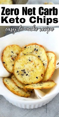 a white bowl filled with crackers next to another bowl full of chips and the words, zero net carb keto chips easy to make recipe