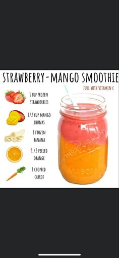 a mason jar filled with strawberry mango smoothie