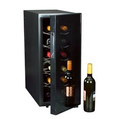 a wine cooler with two bottles of wine in it and a bottle of wine next to it